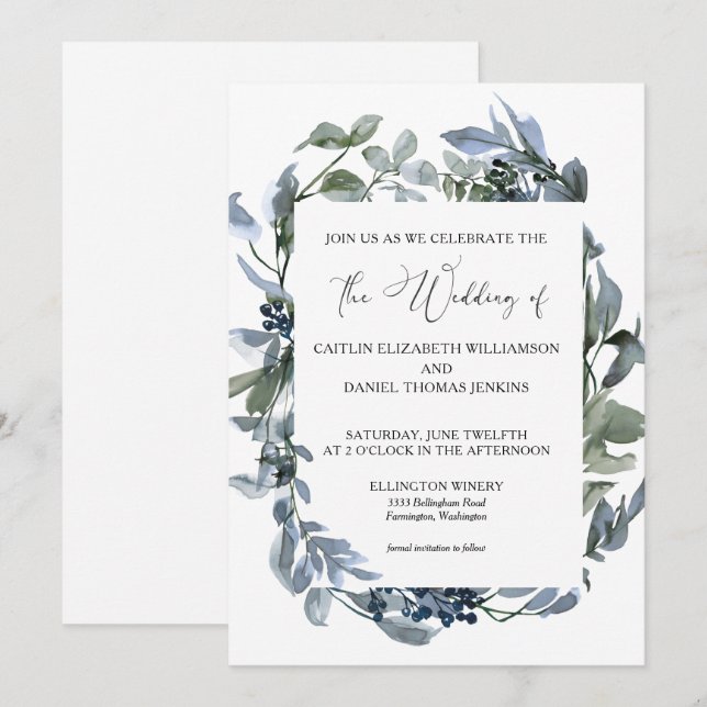 Invitation Dusty Blue Floral Greenery Mariage de couronne (Devant / Derrière)