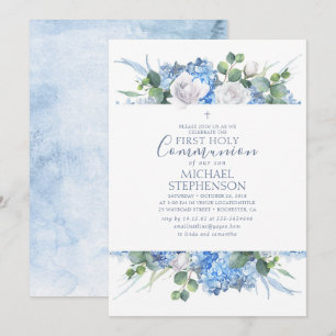 Invitation Dusty Blue Floral Greenery Moderne Sainte COMMUNAU
