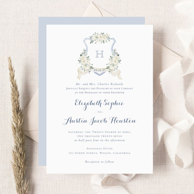 Invitation Dusty Blue Floral Greenery Monogram Crest Mariage (Créateur téléchargé)