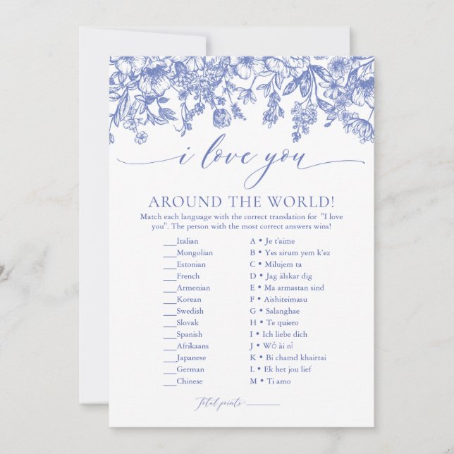 Invitation Dusty Blue Floral Je t'aime autour du monde Jeu (Devant)