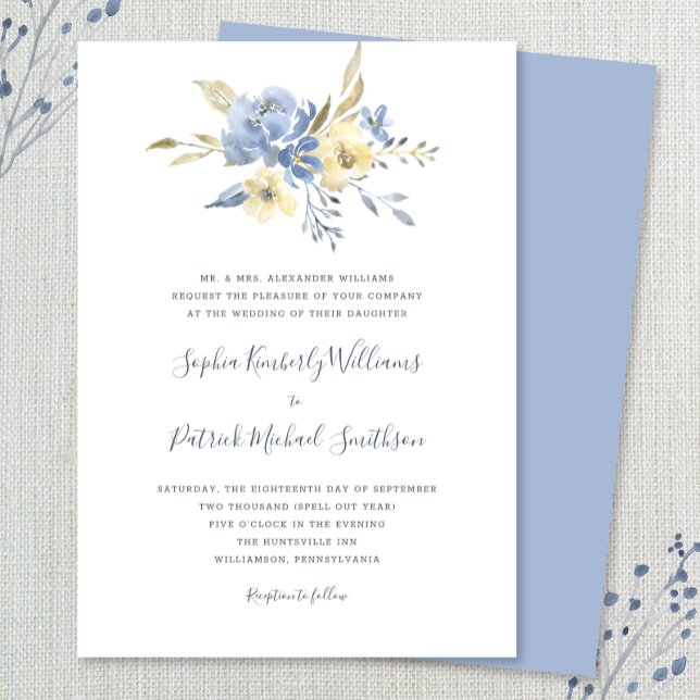 Invitation Dusty Blue Floral + libellé traditionnel mariage (Créateur téléchargé)