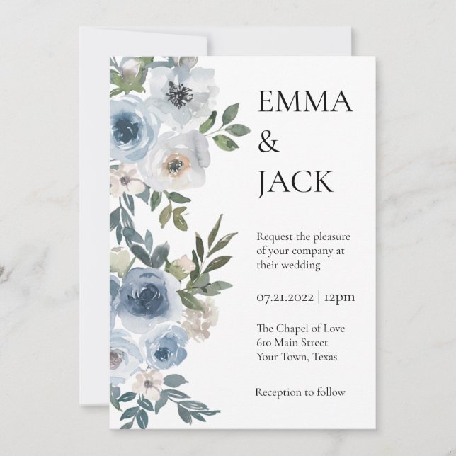 Invitation Dusty Blue Floral Mariage (Devant)