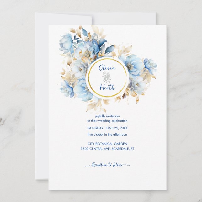 Invitation Dusty Blue Floral Mariage or (Devant)