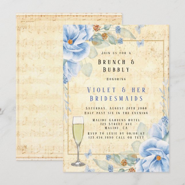 Invitation Dusty Blue Floral Musical Brunch & Bubbly (Devant / Derrière)