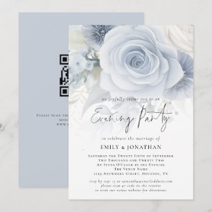 Invitation Dusty Blue Floral Overlay QR Mariage soirée