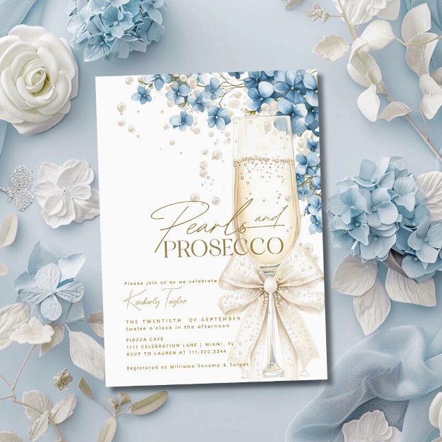 Invitation Dusty Blue Floral Pearls & Prosecco Fête des marié (Créateur téléchargé)