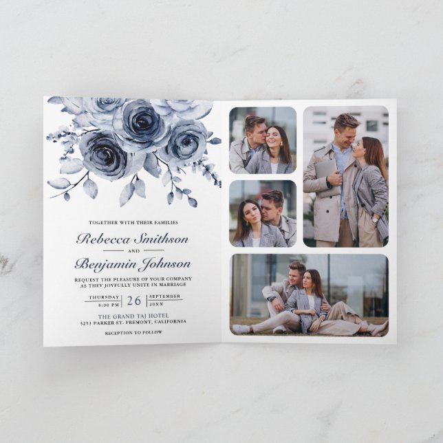 Invitation Dusty Blue Floral Photo Collage QR Code Wedding (Intérieur)