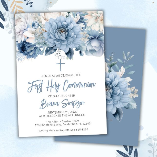 Invitation Dusty Blue Floral Première communion sainte (Créateur téléchargé)