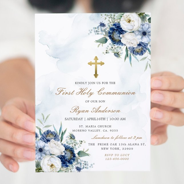 Invitation Dusty Blue Floral Première communion sainte (Créateur téléchargé)