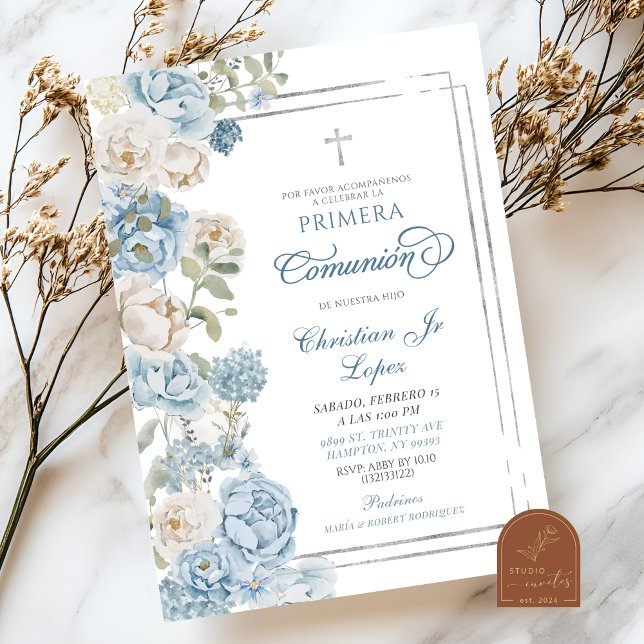 Invitation Dusty Blue Floral Première Sainte Communion I (Créateur téléchargé)