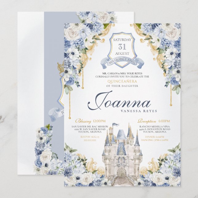 Invitation Dusty Blue Floral Princess Castle Royal Quince (Devant / Derrière)