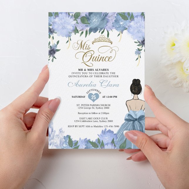 Invitation Dusty Blue Floral Princess Mis Quince Quinceañera (Créateur téléchargé)