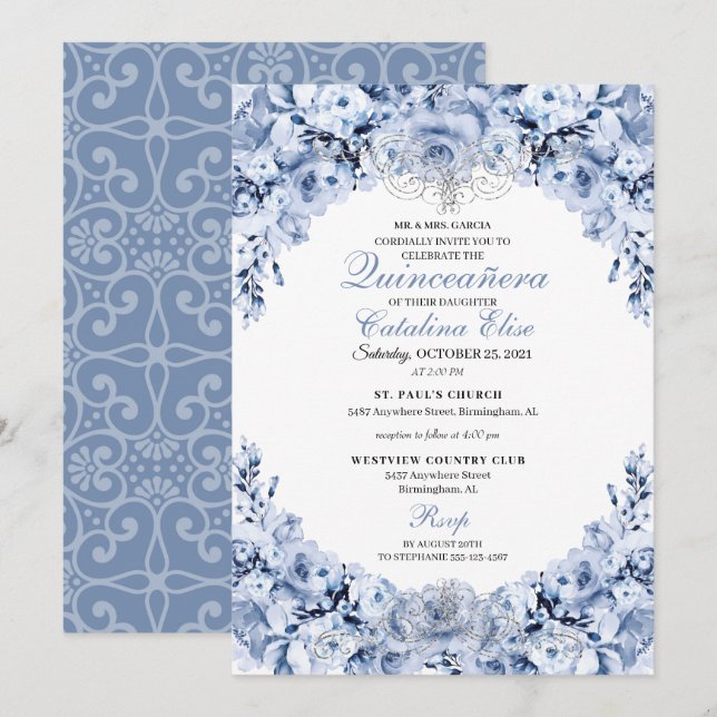 Invitation Dusty Blue Floral Quinceanera Anniversaire (Devant / Derrière)