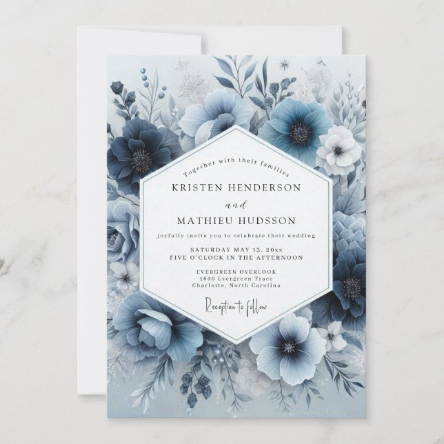 Invitation Dusty Blue Floral Romance Wedding (Devant)