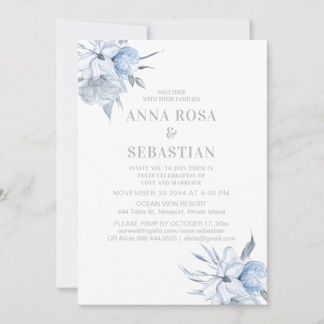 Invitation *~* Dusty Blue Floral Rose AR15 MARIAGE RSVP + Ent (Devant)