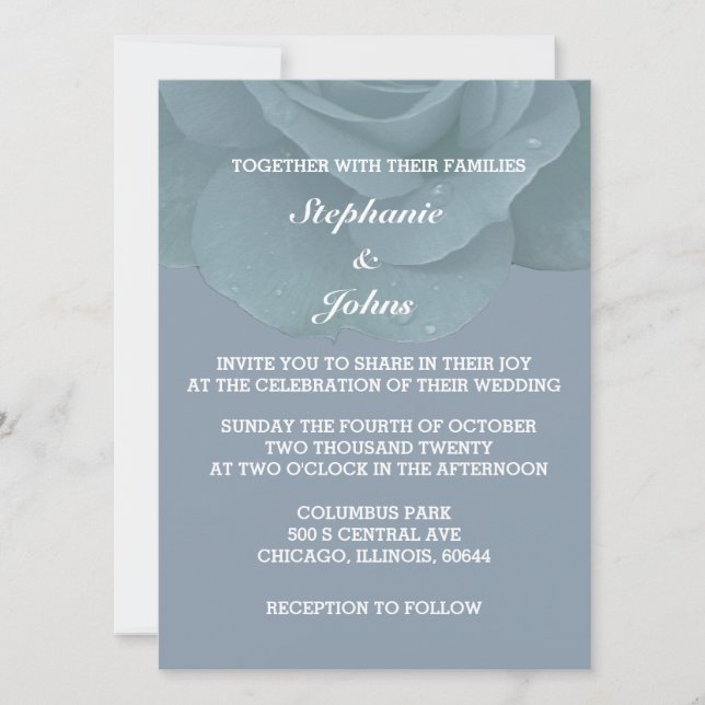 Invitation Dusty Blue Floral Rose Élégant Mariage tendance (Devant)
