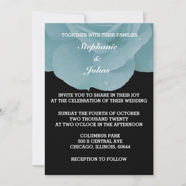 Invitation Dusty Blue Floral Rose noir blanc Cool Mariage (Devant)