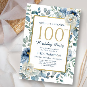 Invitation Dusty Blue Floral Surprise 100e anniversaire
