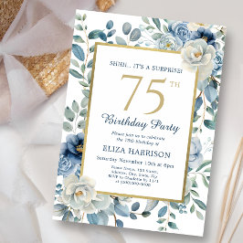 Invitation Dusty Blue Floral Surprise 75e anniversaire