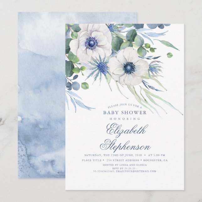 Invitation Dusty Blue Floral Verdure Baby shower moderne (Devant / Derrière)