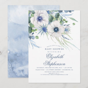 Invitation Dusty Blue Floral Verdure Baby shower moderne