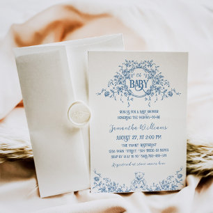Invitation Dusty Blue Floral Vintage Teddy Bear Baby shower