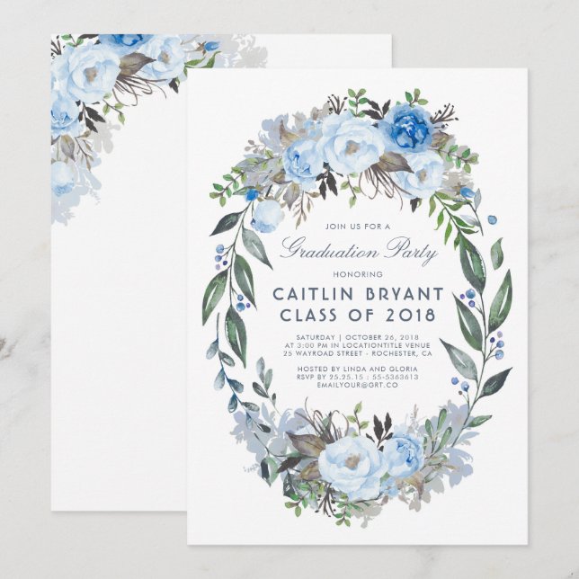 Invitation Dusty Blue Floral Wreath Élégante fête de graduati (Devant / Derrière)