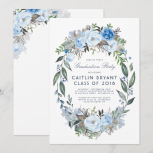 Invitation Dusty Blue Floral Wreath Élégante fête de graduati