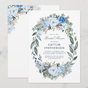 Invitation Dusty Blue Floral Wreath Élégante Fête des mariées