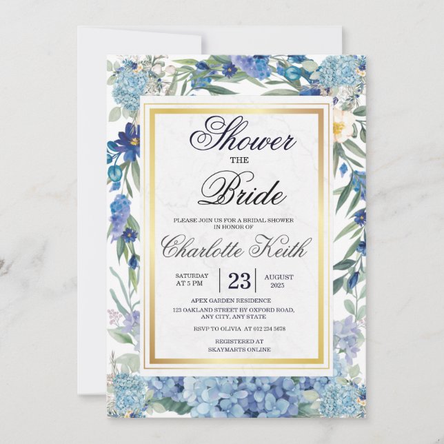 Invitation Dusty Blue Floral Wreath Fête des mariées verte (Devant)