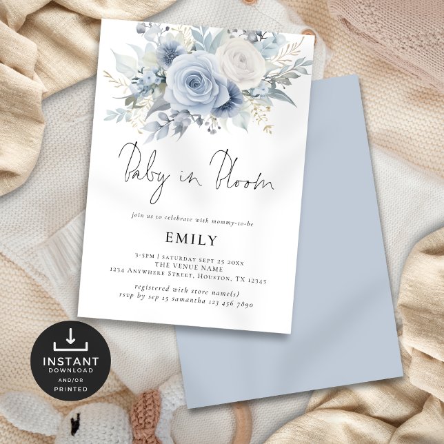 Invitation Dusty Blue Florals Baby in Bloom Douche (Front and back view)