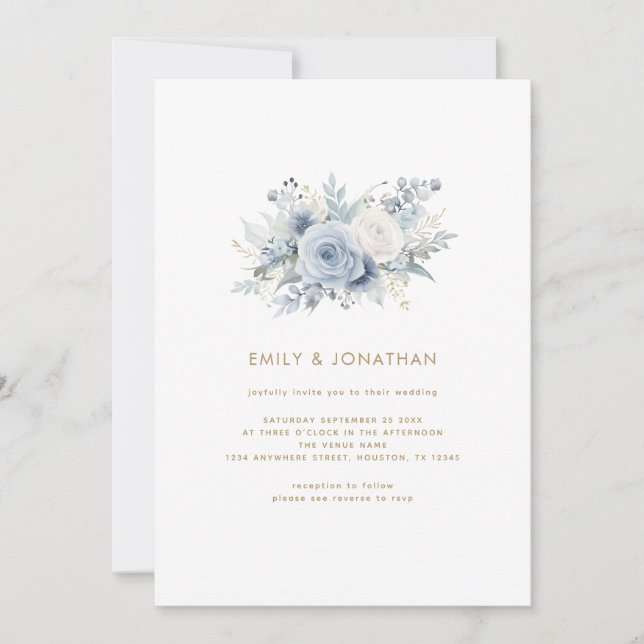 Invitation Dusty Blue Florals Gold Script QR Code Mariage (Devant)