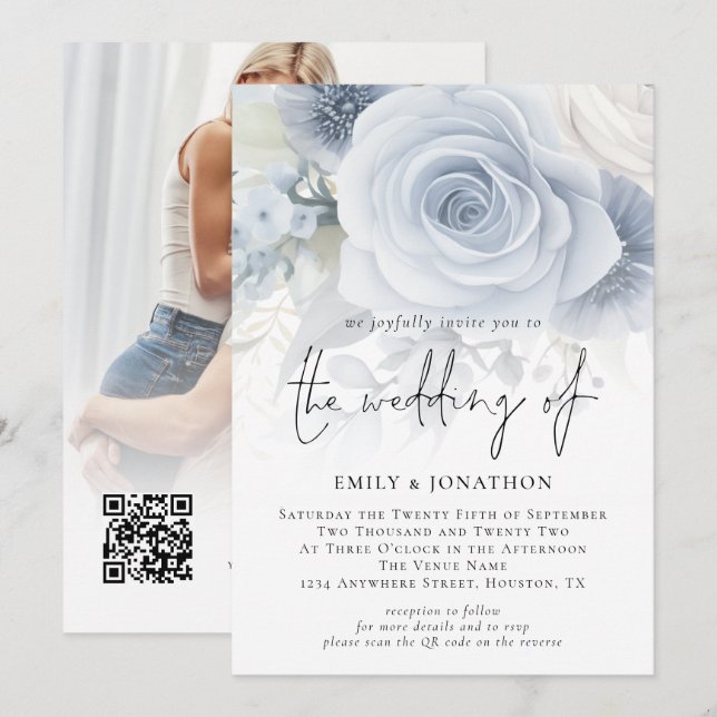Invitation Dusty Blue Florals superposer photo QR Code Mariag (Devant / Derrière)