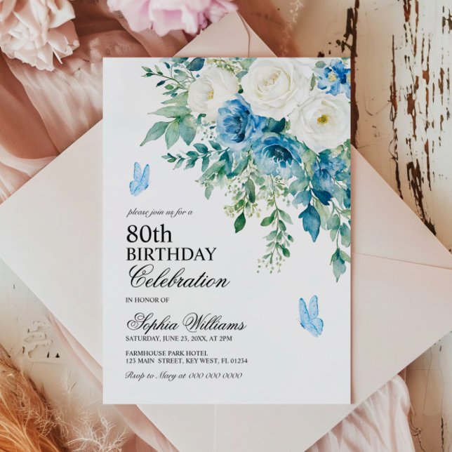 Invitation Dusty Blue Flowers 80th Birthday (Créateur téléchargé)