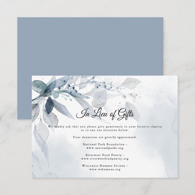 Invitation Dusty Blue Foliage Aquarelle Demande cadeau 2 (Devant / Derrière)