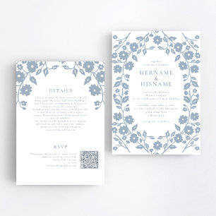 Invitation Dusty Blue Folk Floral QR RSVP All-In-One Mariage