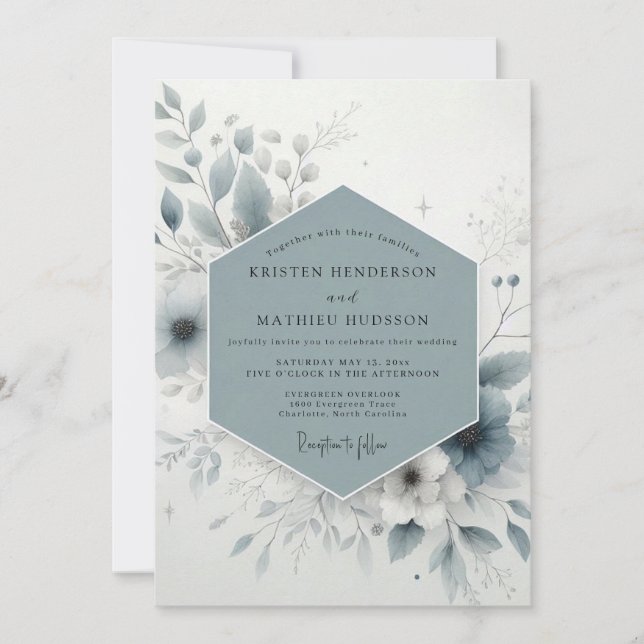 Invitation Dusty Blue Frosty Bloom Wedding (Devant)