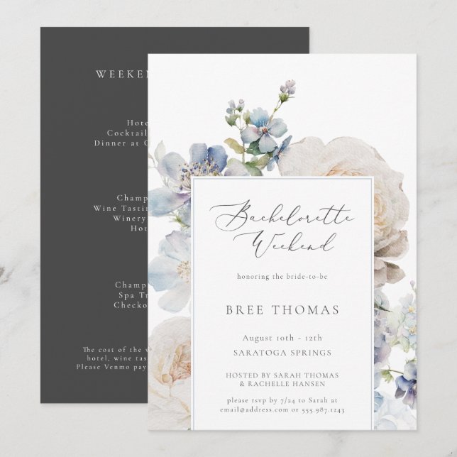 Invitation Dusty Blue Garden Floral Bachelorette Week-end (Devant / Derrière)