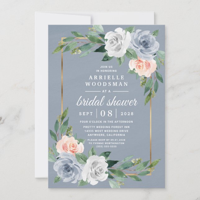 Invitation Dusty Blue Gold Blush Peach Fête des mariées rose (Devant)