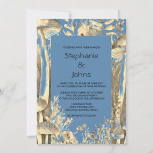 Invitation Dusty Blue Gold Brown Champignons Mariage de bois