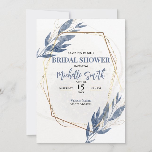 Invitation Dusty Blue Gold Eucalyptus Fête des mariées floral (Devant)