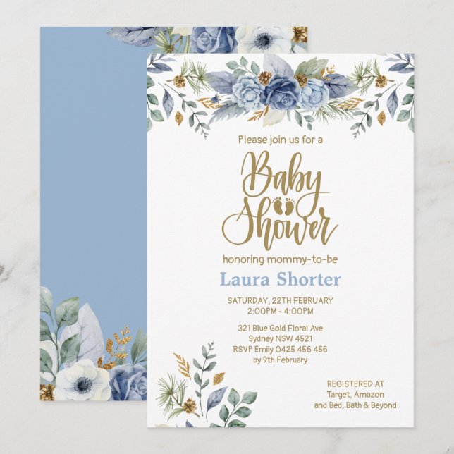 Invitation Dusty Blue Gold Floral Boy Baby shower (Devant / Derrière)