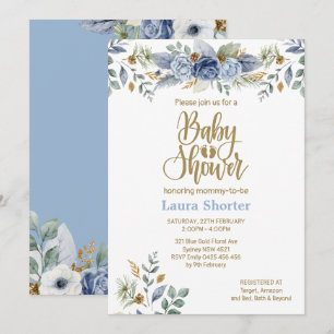 Invitation Dusty Blue Gold Floral Boy Baby shower