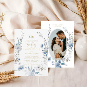 Invitation Dusty Blue Gold Floral Spring Bloom Mariage