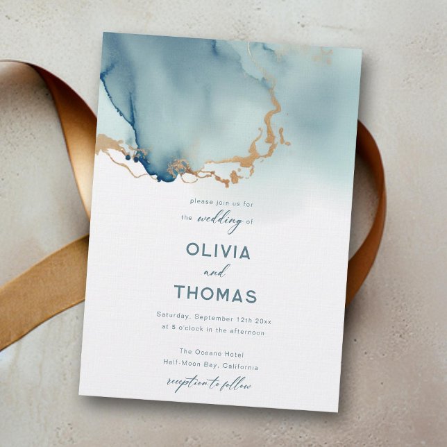 Invitation Dusty Blue Gold Moderne Romantique Turquoise Plage (dusty blue gold beach wedding invitation modern elegant bohemian romantic simple classy calligraphy)