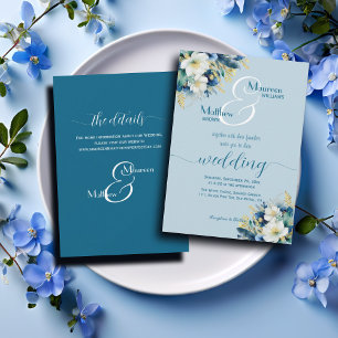 Invitation Dusty Blue Gold Parties scintillant Floral et déta