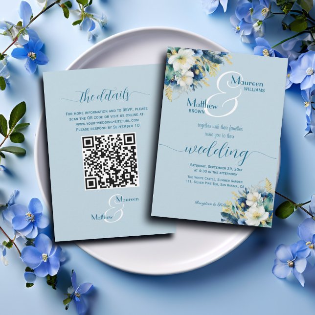 Invitation Dusty Blue Gold Parties scintillant Floral QR Code (Créateur téléchargé)