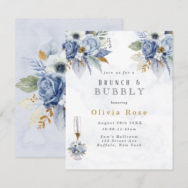Invitation Dusty Blue Gold Peony Chic Brunch & Bubbly (Devant / Derrière)
