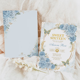Invitation Dusty Blue Gold Rose Sweet sixteen Anniversaire