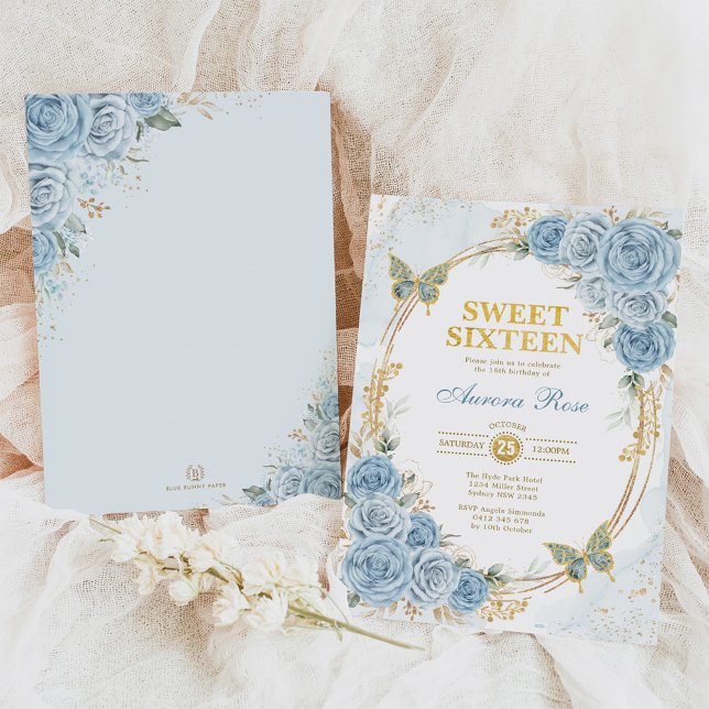 Invitation Dusty Blue Gold Rose Sweet sixteen Anniversaire (Créateur téléchargé)